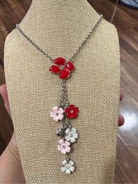 Floral Drop Necklace - Red, Pink & White Flower Pendant
